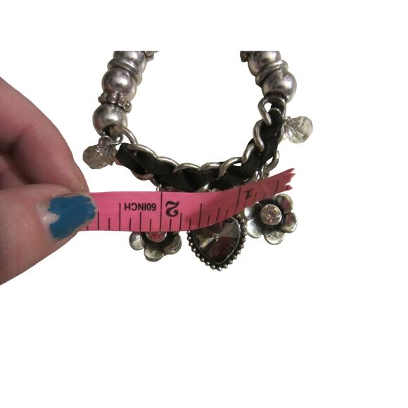 Silver Beaded Charm Bracelet w/ Crystal Heart & Flower Dangles - Picture 8 of 8